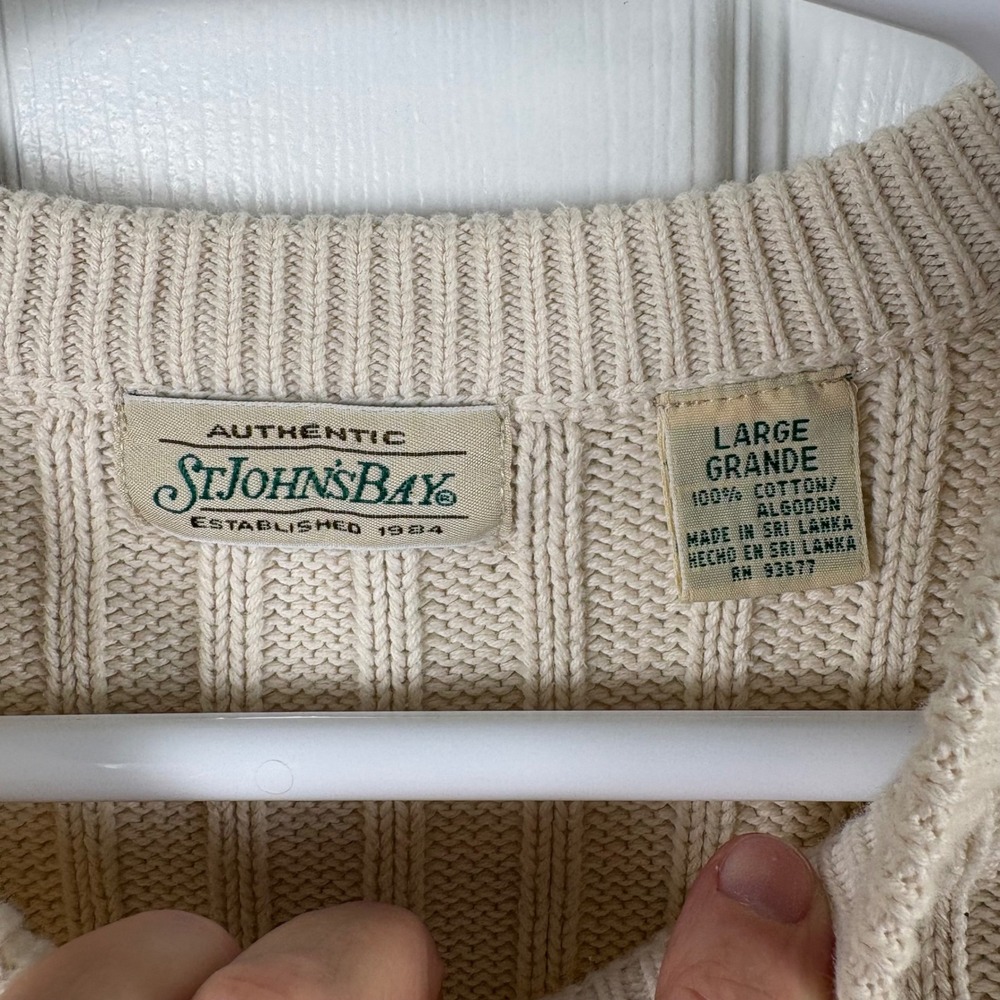 Vtg 90s Sweater L Cream 100% Cotton Chunky Coastal Grandpa‎ Fisherman Academia - Picture 2 of 6